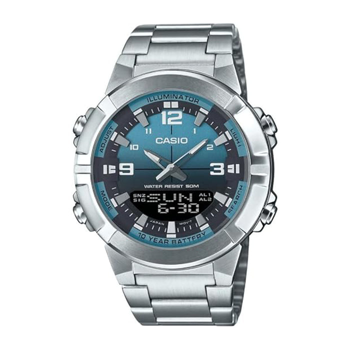 Casio Men's Aqua Blue Dial Silver Stainless Steel Band Analog Digital Japanese Quartz Watch - AMW-870DA-2A2VDF