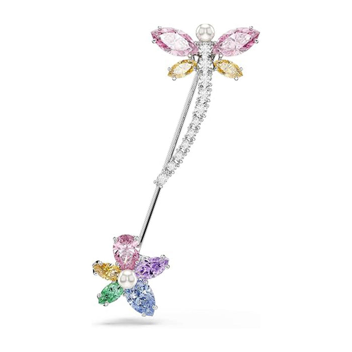 Swarovski Women's Multicolor Crystal Mixed Cut Stones In Rhodium Finish x Ariana Grande Dragonfly Motif With Flower Brooch - 5737428