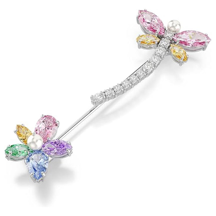 Swarovski Women's Multicolor Crystal Mixed Cut Stones In Rhodium Finish x Ariana Grande Dragonfly Motif With Flower Brooch - 5737428