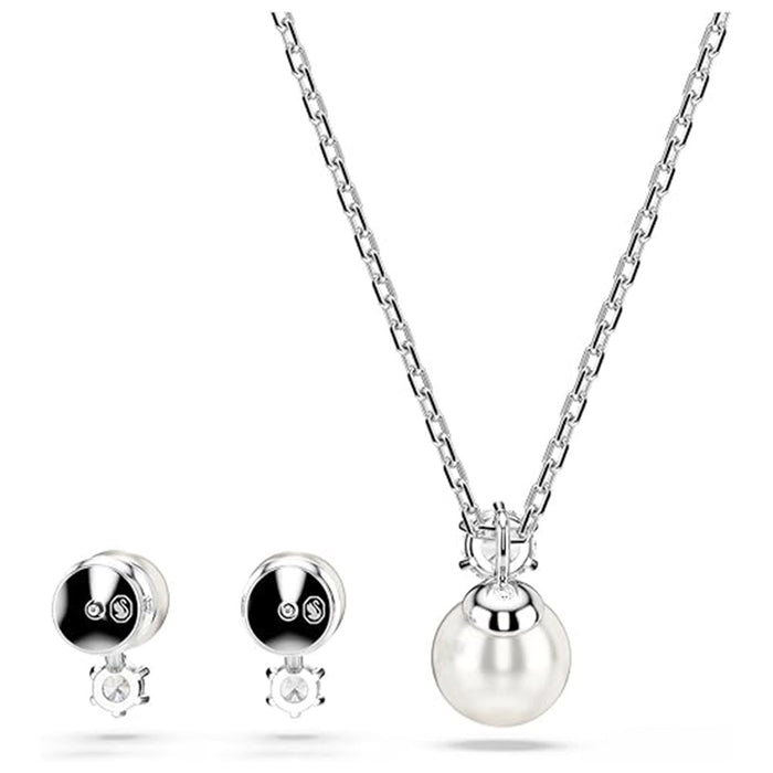 Swarovski Women's White Round Cut Crystals With Pearls Rhodium Finish, Earrings Matrix Jewelry Set - 5689624
