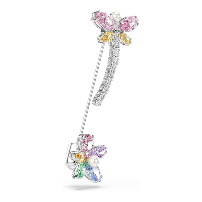 Swarovski Women's Multicolor Crystal Mixed Cut Stones In Rhodium Finish x Ariana Grande Dragonfly Motif With Flower Brooch - 5737428