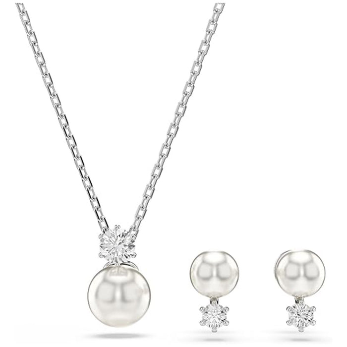 Swarovski Women's White Round Cut Crystals With Pearls Rhodium Finish, Earrings Matrix Jewelry Set - 5689624