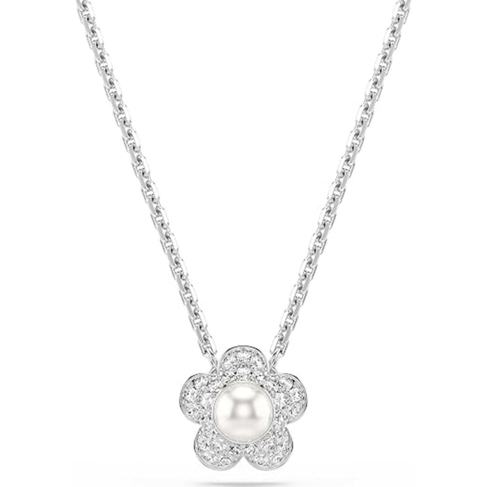 Swarovski Women's Clear Crystals Pearl Rhodium Finish Round cut Flower Ariana Grande x Necklace & Earring Jewelry Set - 5749180