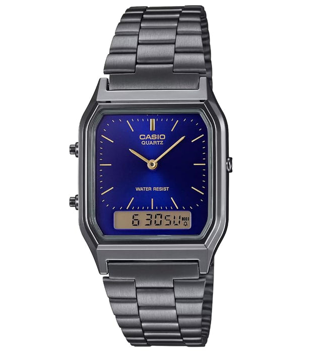 Casio Men's Blue Dial Gray Stainless Steel Band Quartz Watch - AQ-230GG-2ADF