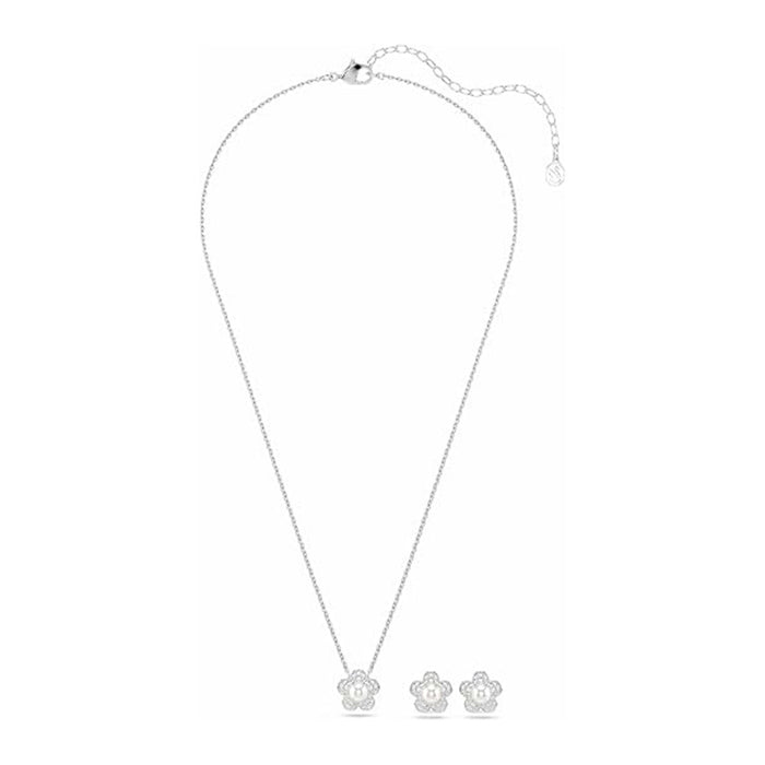Swarovski Women's Clear Crystals Pearl Rhodium Finish Round cut Flower Ariana Grande x Necklace & Earring Jewelry Set - 5749180