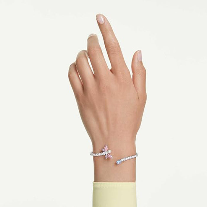 Swarovski Women's Pink Mixed Cut Multicolored Stones, Rhodium Finish Large x Ariana Grande Dragonfly Motif Bangle Bracelet - 5737400
