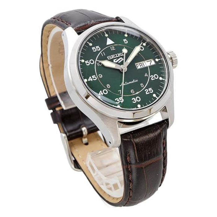Seiko Men's Green Dial Dark Brown Leather Band Mechanical Watch - SRPJ89