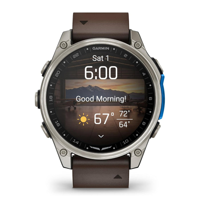 Garmin D2™ Mach 2 – 47 MM Unisex Titanium With Oxford Brown Leather Band Advanced Flight Maps LED Flashlight Built-in Microphone/Speaker For Calls And Texts Premium Aviator Smartwatch With GPS - 010-02904-30