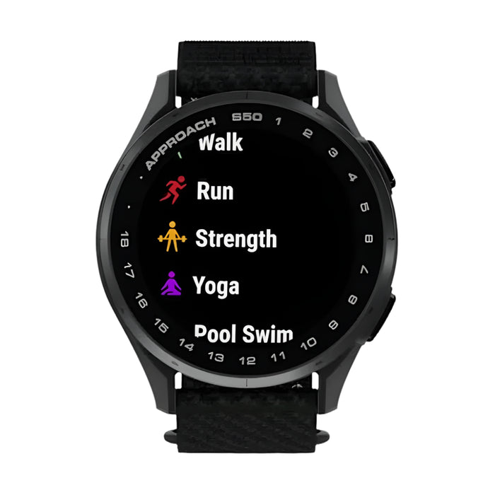 Garmin Approach® S50 Unisex Slate Aluminum Bezel with Black ComfortFit Nylon Band Amoled Display On-Course Features Wrist-Based Heart Rate Advanced Golf GPS Smartwatch - 010-03010-00