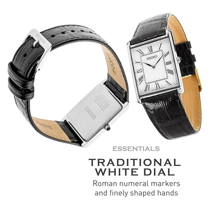 SEIKO Men's White Dial Black Leather Strap Roman Numerals Analog Quartz Watch - SWR049
