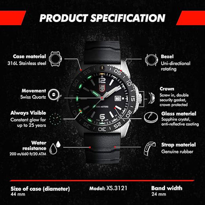 Luminox Men's Black Dial Black Rubber Strap Modern Analog Swiss Quartz Watch - XS.3121