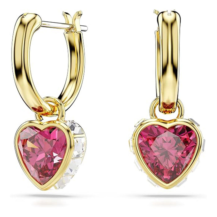 Swarovski Women's Red Heart Shaped Stones Clear Square-Cut Crystals in a Gold-Tone Finished Setting Chroma Drop Earrings - 5684760