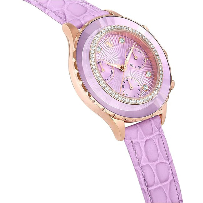 SWAROVSKI Women's Purple Dial Leather Band Octea Chrono Rose Gold-Tone Finish Analog Swiss Quartz Watch - 5690804
