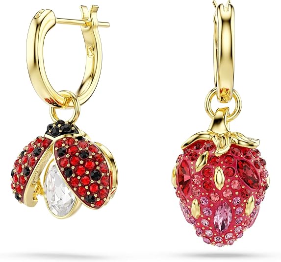 Swarovski Women's Multicolor Set (3), Ladybug, Clover, Strawberry Shaped Crystals in Gold-tone Plated Idyllia Drop Earrings - 5742681