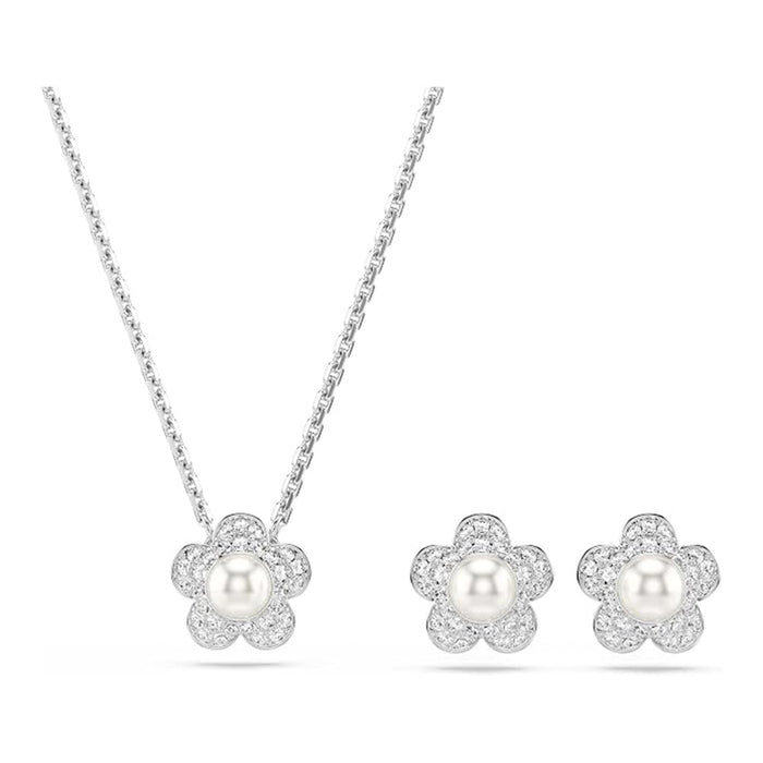 Swarovski Women's Clear Crystals Pearl Rhodium Finish Round cut Flower Ariana Grande x Necklace & Earring Jewelry Set - 5749180