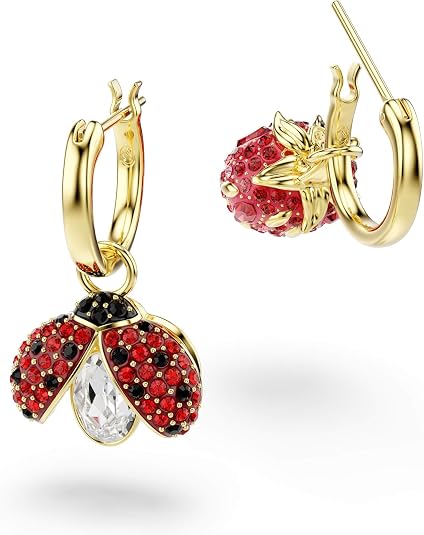 Swarovski Women's Multicolor Set (3), Ladybug, Clover, Strawberry Shaped Crystals in Gold-tone Plated Idyllia Drop Earrings - 5742681