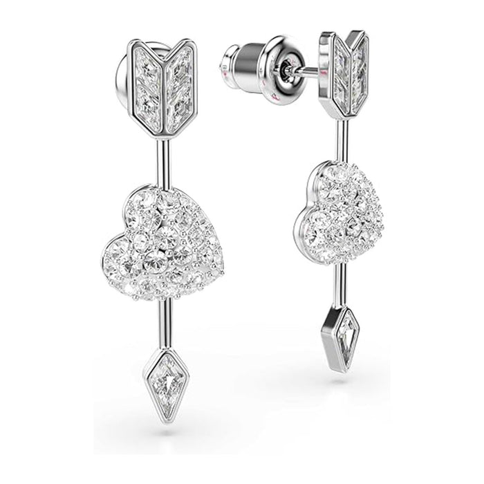 Swarovski Women's White Heart with Arrow Design With Mixed cuts Crystals In Rhodium Plated Idyllia Drop Earrings - 5749602
