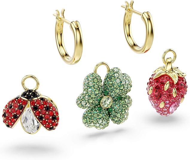 Swarovski Women's Multicolor Set (3), Ladybug, Clover, Strawberry Shaped Crystals in Gold-tone Plated Idyllia Drop Earrings - 5742681