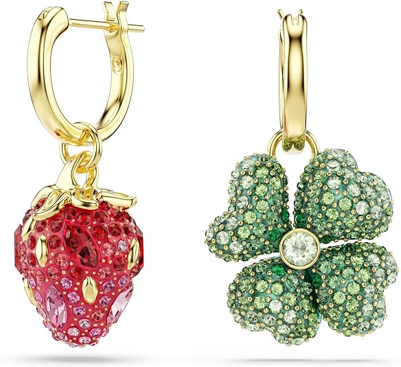 Swarovski Women's Multicolor Set (3), Ladybug, Clover, Strawberry Shaped Crystals in Gold-tone Plated Idyllia Drop Earrings - 5742681