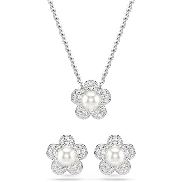 Swarovski Women's Clear Crystals Pearl Rhodium Finish Round cut Flower Ariana Grande x Necklace & Earring Jewelry Set - 5749180