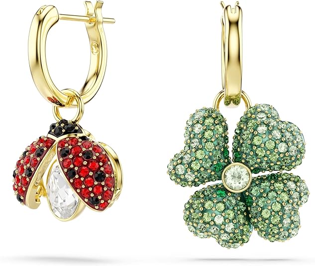 Swarovski Women's Multicolor Set (3), Ladybug, Clover, Strawberry Shaped Crystals in Gold-tone Plated Idyllia Drop Earrings - 5742681