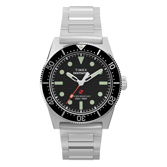 Timex Men's Black Dial Silver Stainless Steel Link Bracelet Deep Water Reef 41mm Quartz Watch - TW2W95200