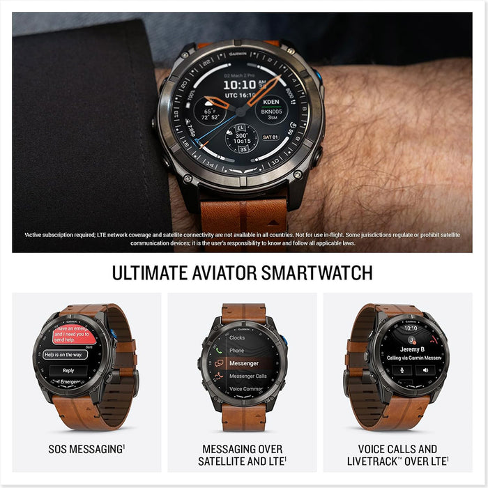 Garmin Unisex Black Dial D2™ Mach 2 Pro Carbon Gray DLC Titanium with Chestnut Leather Band Watch - 010-03199-50