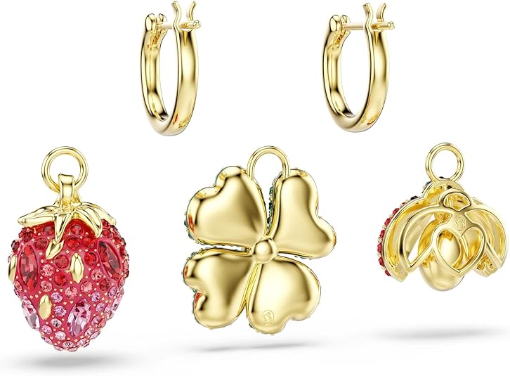 Swarovski Women's Multicolor Set (3), Ladybug, Clover, Strawberry Shaped Crystals in Gold-tone Plated Idyllia Drop Earrings - 5742681