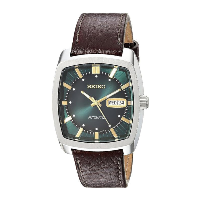 Seiko Men's Green Dial Brown Leather Strap RECRAFT Series 41 Hour Power Reserve Analog Watch - SNKP27