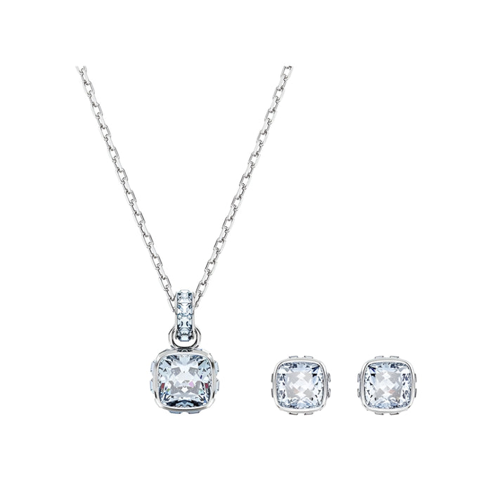 Swarovski Women's Blue Square-Cut Stone and Crystals in a Rhodium-Finished Setting March Birthstone Stud Earrings - 5660800