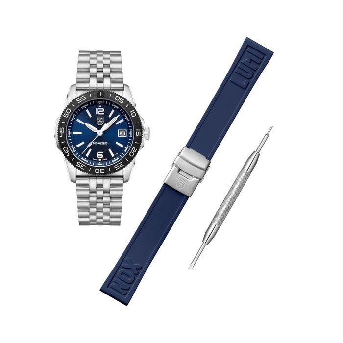 Luminox Men's Dark Blue Dial Silver Stainless Steel Band And A Navy Blue Rubber Strap Analog Swiss Quartz Pacific Diver Ripple Dive Watch - XS.3123M.SET.1