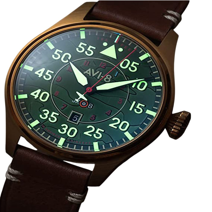 AVI-8 Men's Green Dial Brown Leather Band Hawker Hurricane Clowes Japanese Automatic Pilot Watch - AV-4097-04
