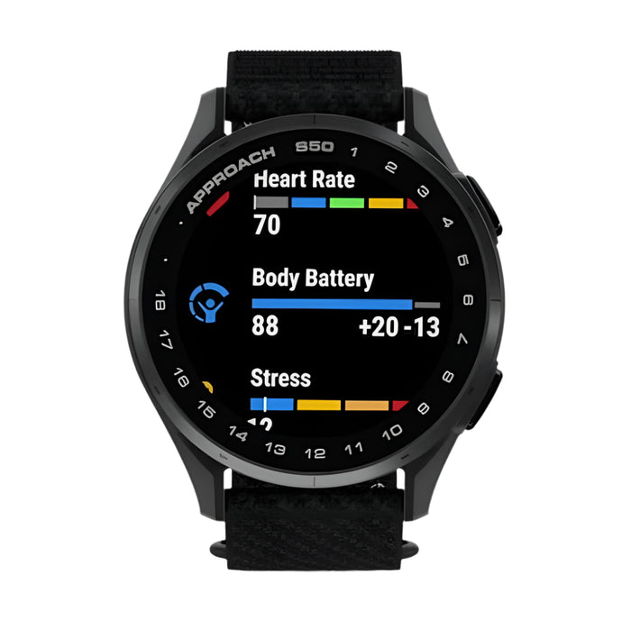 Garmin Approach® S50 Unisex Slate Aluminum Bezel with Black ComfortFit Nylon Band Amoled Display On-Course Features Wrist-Based Heart Rate Advanced Golf GPS Smartwatch - 010-03010-00
