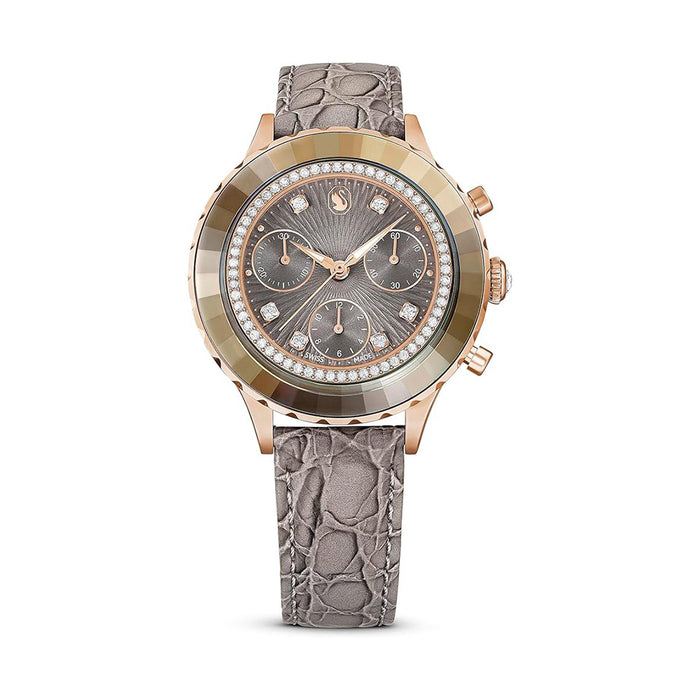 SWAROVSKI Women's Gray Dial Leather Band Octea Chrono Analog Chronograph Swiss Quartz Watch - 5671153