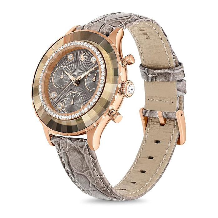 SWAROVSKI Women's Gray Dial Leather Band Octea Chrono Analog Chronograph Swiss Quartz Watch - 5671153