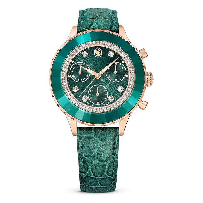 SWAROVSKI Women's Green Dial Leather Band Octea Chrono Analog Chronograph Swiss Quartz Watch - 5672931