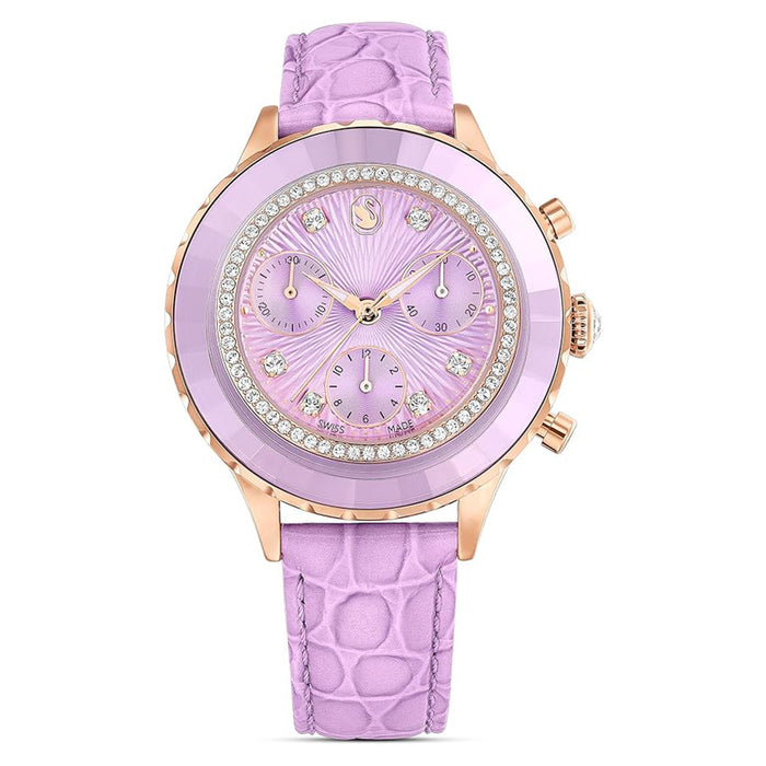 SWAROVSKI Women's Purple Dial Leather Band Octea Chrono Rose Gold-Tone Finish Analog Swiss Quartz Watch - 5690804