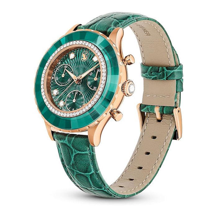 SWAROVSKI Women's Green Dial Leather Band Octea Chrono Analog Chronograph Swiss Quartz Watch - 5672931