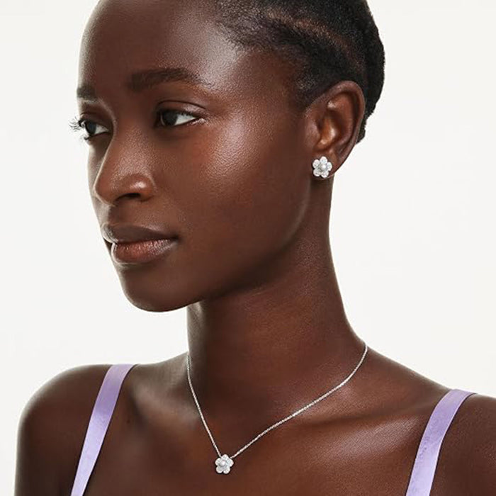 Swarovski Women's Clear Crystals Pearl Rhodium Finish Round cut Flower Ariana Grande x Necklace & Earring Jewelry Set - 5749180