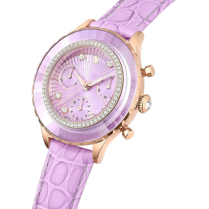 SWAROVSKI Women's Purple Dial Leather Band Octea Chrono Rose Gold-Tone Finish Analog Swiss Quartz Watch - 5690804