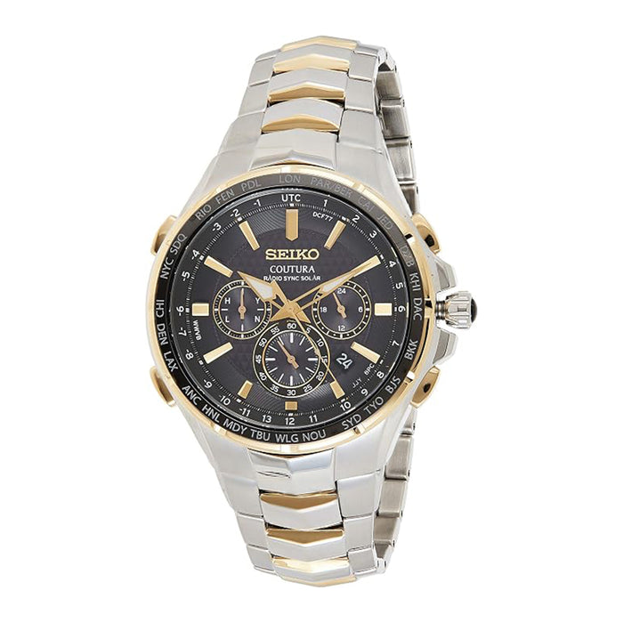 Seiko Men's Black Dial Two-Tone Stainless Steel Band Japanese Quartz Solar Chronograph Watch - SSG010