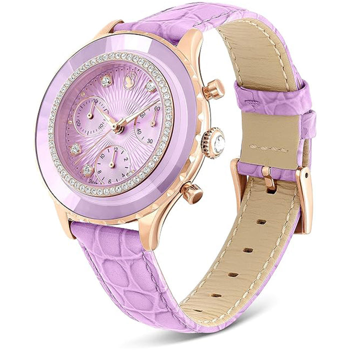 SWAROVSKI Women's Purple Dial Leather Band Octea Chrono Rose Gold-Tone Finish Analog Swiss Quartz Watch - 5690804