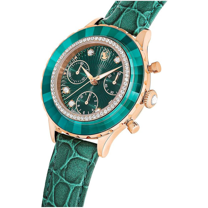 SWAROVSKI Women's Green Dial Leather Band Octea Chrono Analog Chronograph Swiss Quartz Watch - 5672931