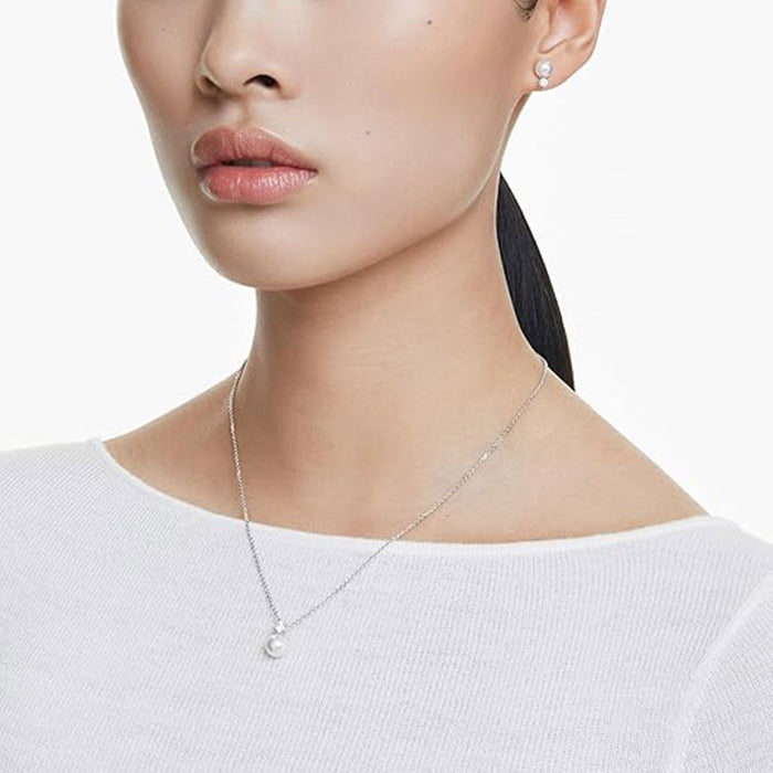 Swarovski Women's White Round Cut Crystals With Pearls Rhodium Finish, Earrings Matrix Jewelry Set - 5689624