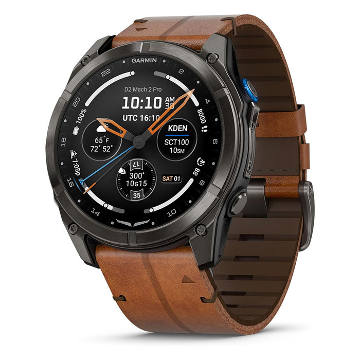 Garmin Unisex Black Dial D2™ Mach 2 Pro Carbon Gray DLC Titanium with Chestnut Leather Band Watch - 010-03199-50
