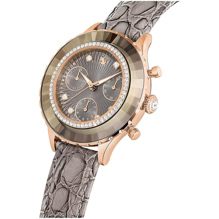 SWAROVSKI Women's Gray Dial Leather Band Octea Chrono Analog Chronograph Swiss Quartz Watch - 5671153