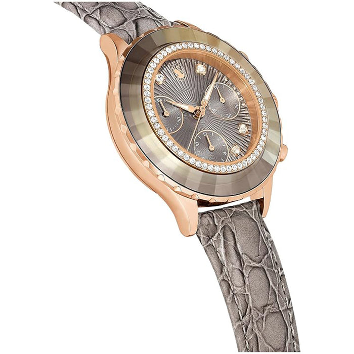 SWAROVSKI Women's Gray Dial Leather Band Octea Chrono Analog Chronograph Swiss Quartz Watch - 5671153