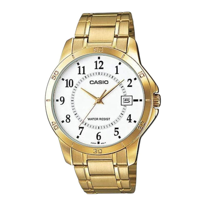 Casio Men's White Dial Gold Tone Stainless Steel Band Analog Japanese Quartz Watch - MTP-V004G-7BUDF