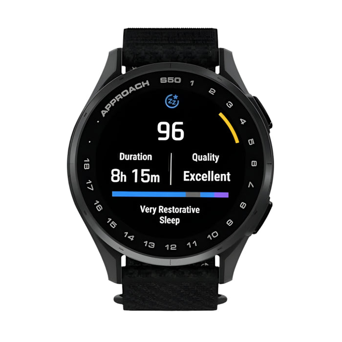 Garmin Approach® S50 Unisex Slate Aluminum Bezel with Black ComfortFit Nylon Band Amoled Display On-Course Features Wrist-Based Heart Rate Advanced Golf GPS Smartwatch - 010-03010-00