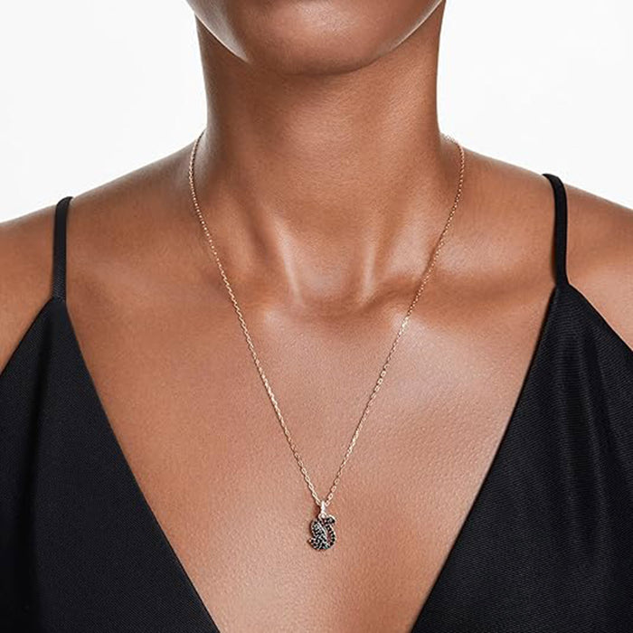 Swarovski Women's Rose Gold-Tone Finished with Black Pavé Crystals and Black Stones Swan Pendant Necklace - 5678046